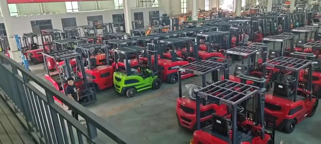Forklifts arranged inside the production workshop
