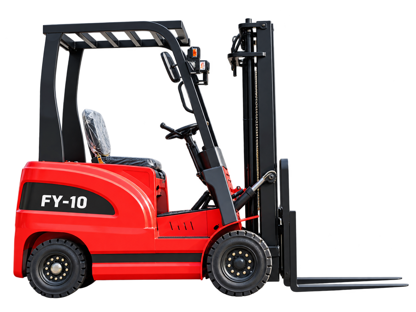 FY-10 red electric forklift, side view showing the mast, solid tyres and full forks