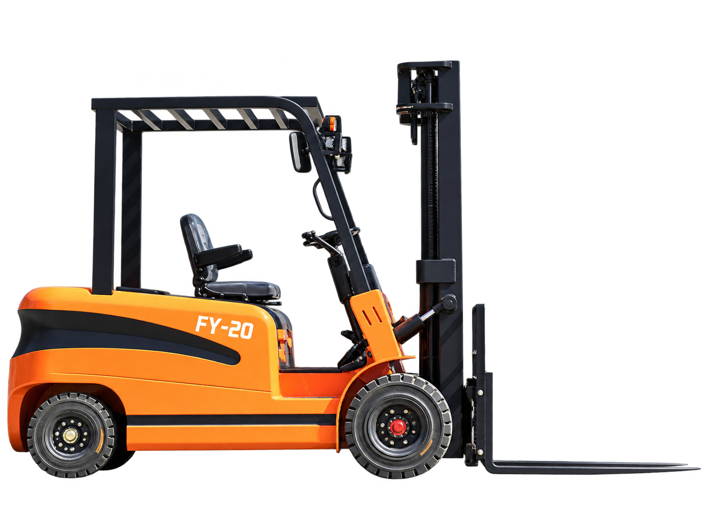 FY-20 electric forklift, full product view showing mast and forks