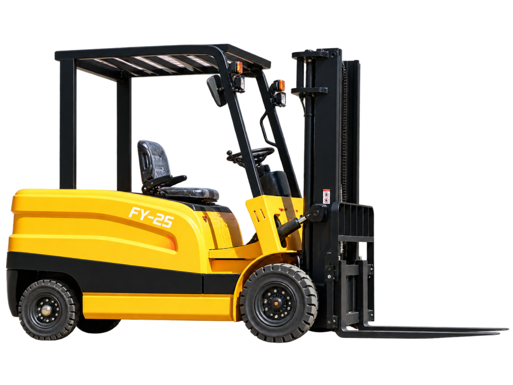FY-25 electric forklift, full product view showing mast and forks