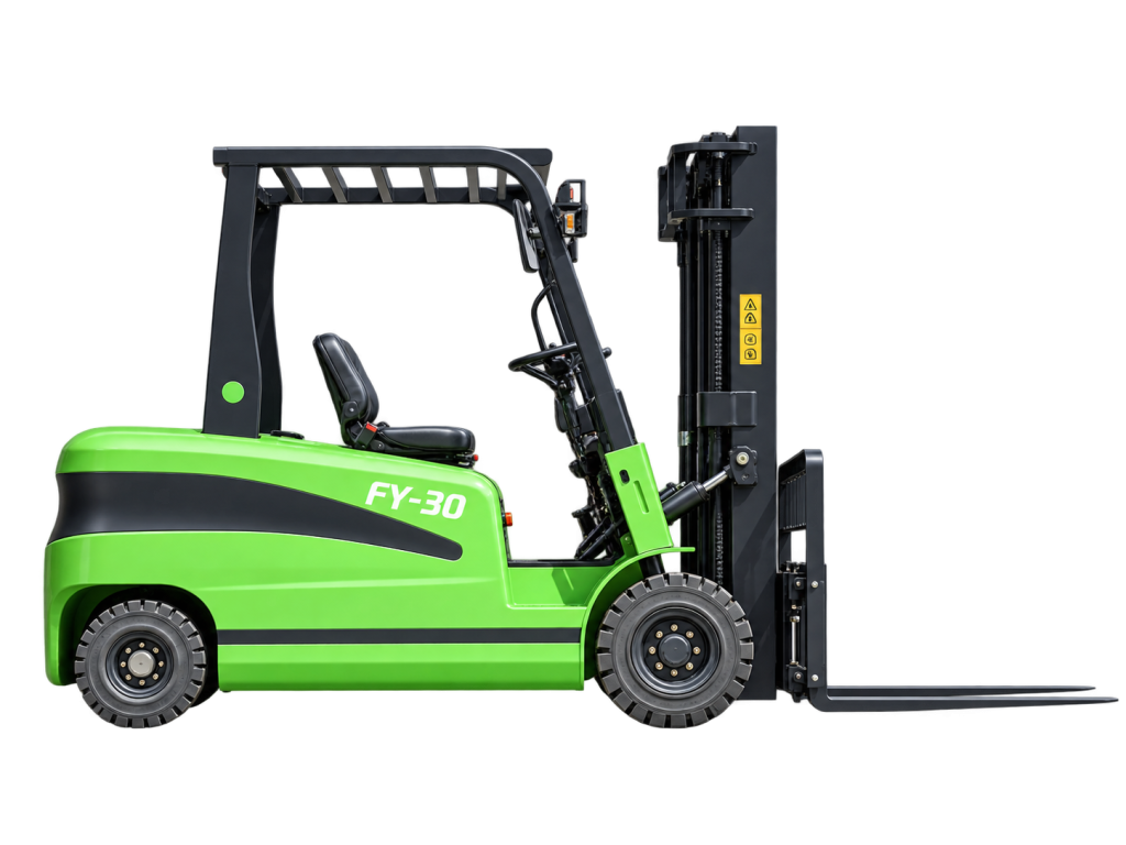 FY-30 electric forklift, full product view showing mast and forks