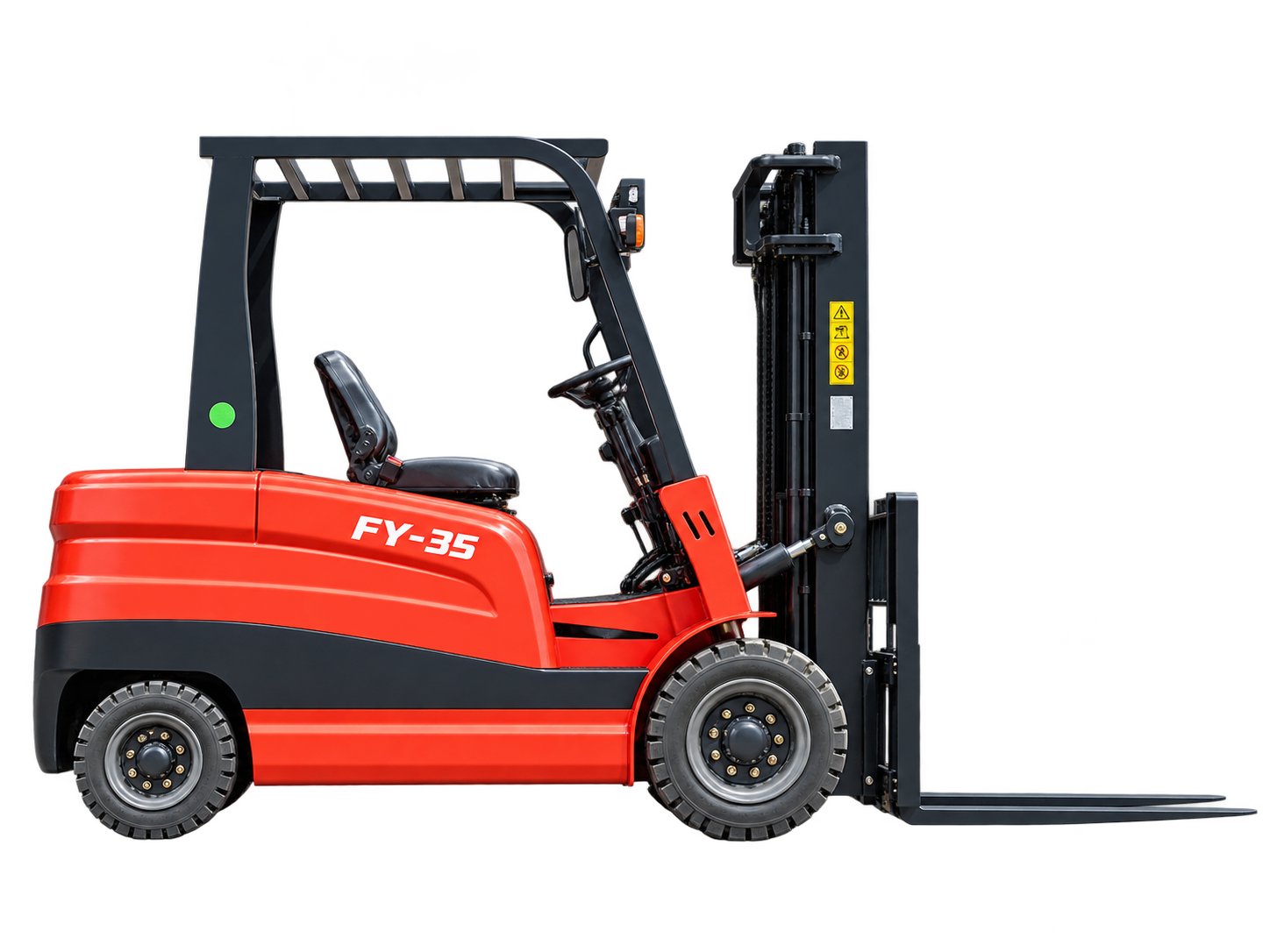 FY-35 electric forklift, full product view showing mast and forks