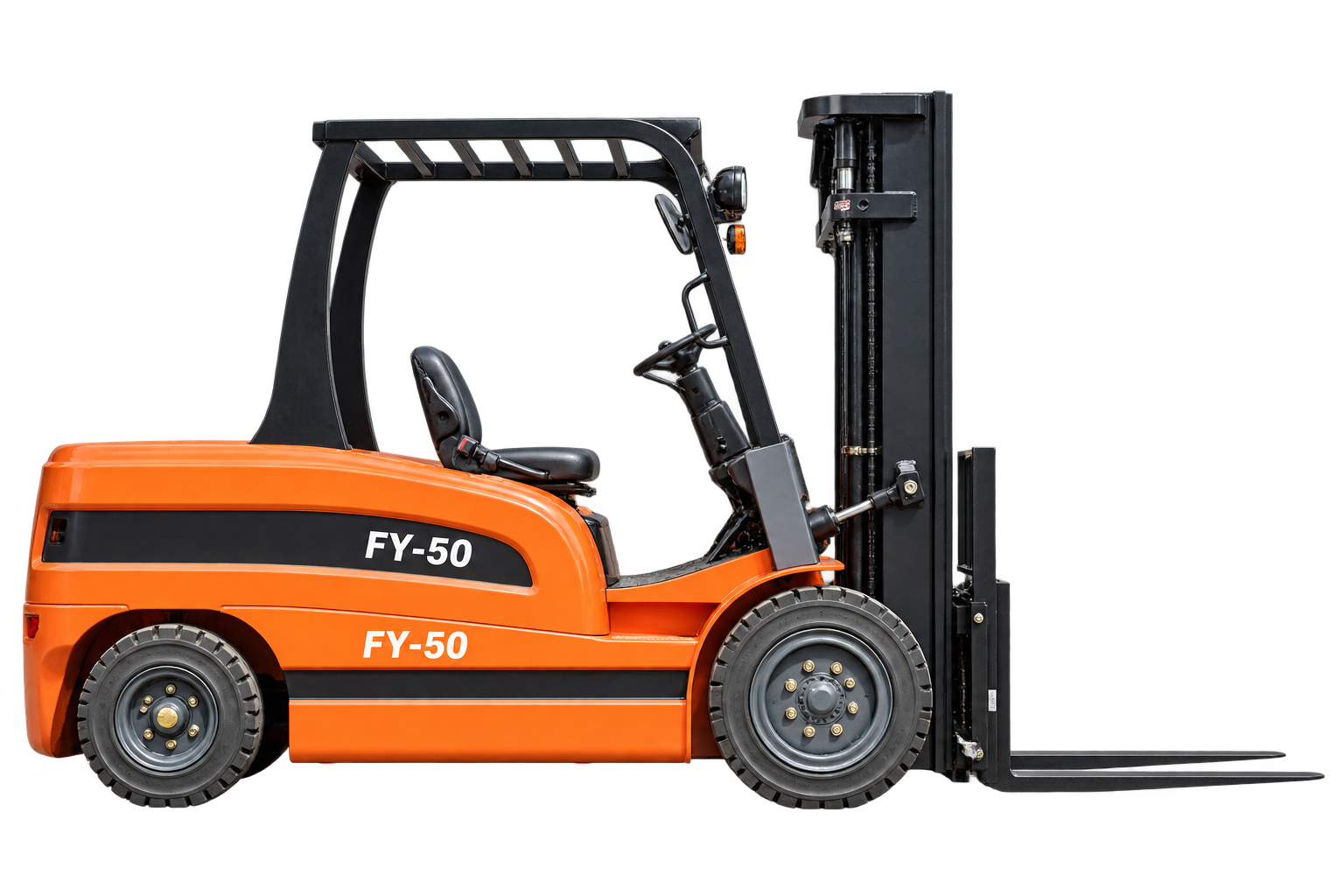 FY-50 orange electric forklift, side view with mast and full forks